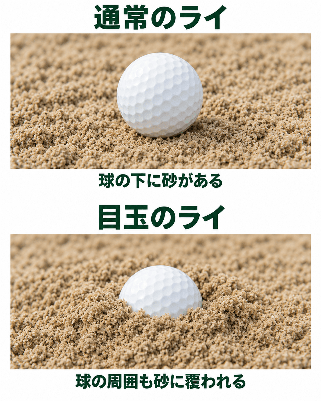 通常のライでは球が砂の上にあり、目玉のライでは球の下側と周囲が砂に覆われている比較図。