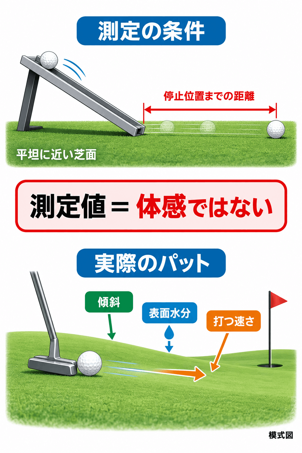 スティンプ測定と実際のパットで感じる速さを分ける比較図
