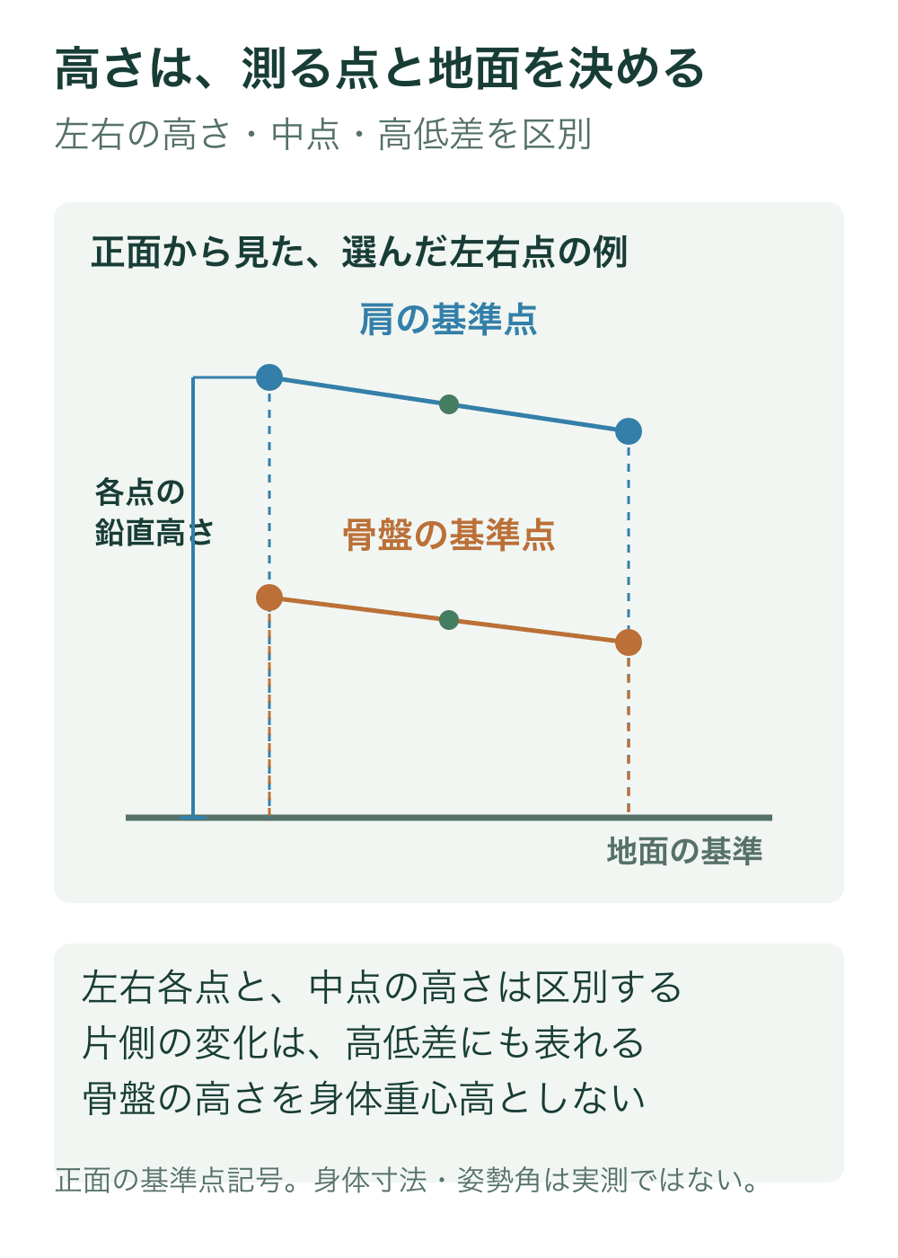 肩と骨盤それぞれの左右基準点、鉛直投影、地面基準を正面記号で示す。