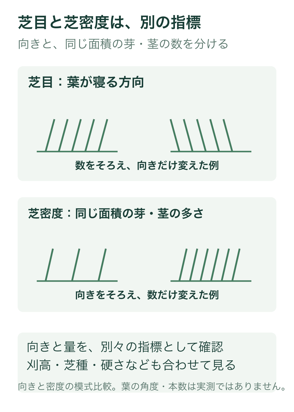 上段では同じ本数の葉を左右へ傾けて方向を比較する。下段では同じ向きの葉を同じ幅に三本と六本並べ、密度を比較する。いずれも模式表現。