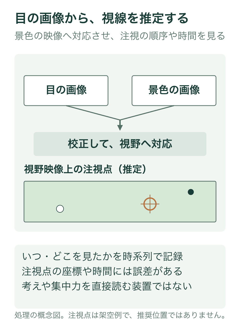 目の画像と景色の画像を校正して対応させ、視野映像上に橙の注視点を重ねる処理の流れ。注視点は説明用に置いた一点で、推奨する見る場所や実測ではない。