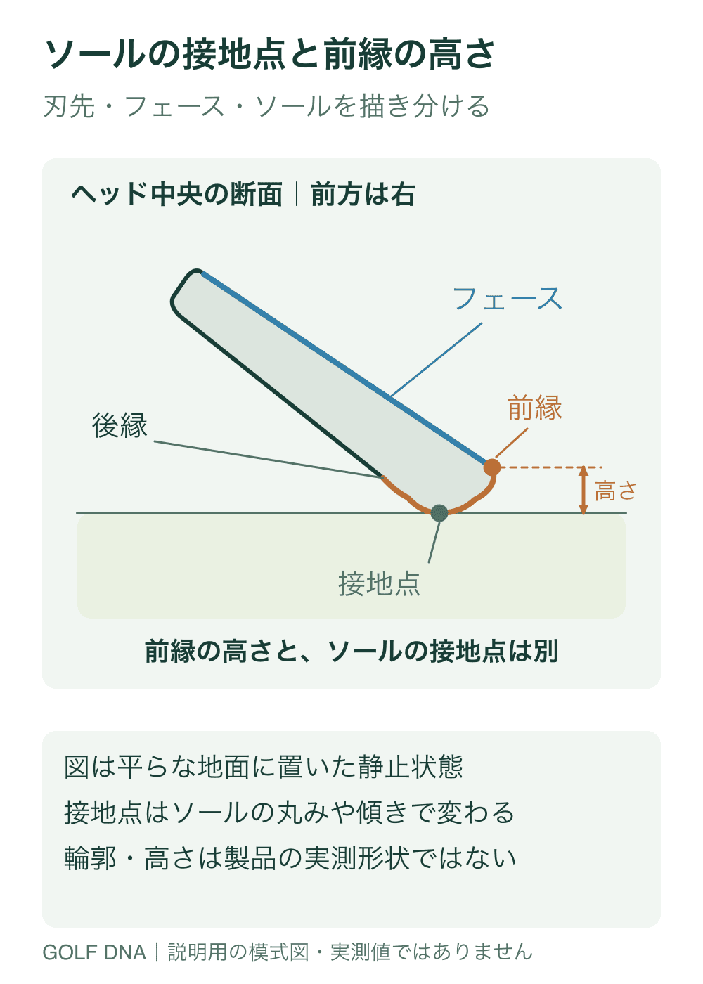 ソールの接地点と前縁の高さ。平らな地面に置いたヘッド中央の模式断面です。フェースを青、ソールを橙で分け、前縁の高さとソール接地点を示します。シャフトやトウ・ヒール方向は省略し、寸法や製品の実輪郭を再現しません。