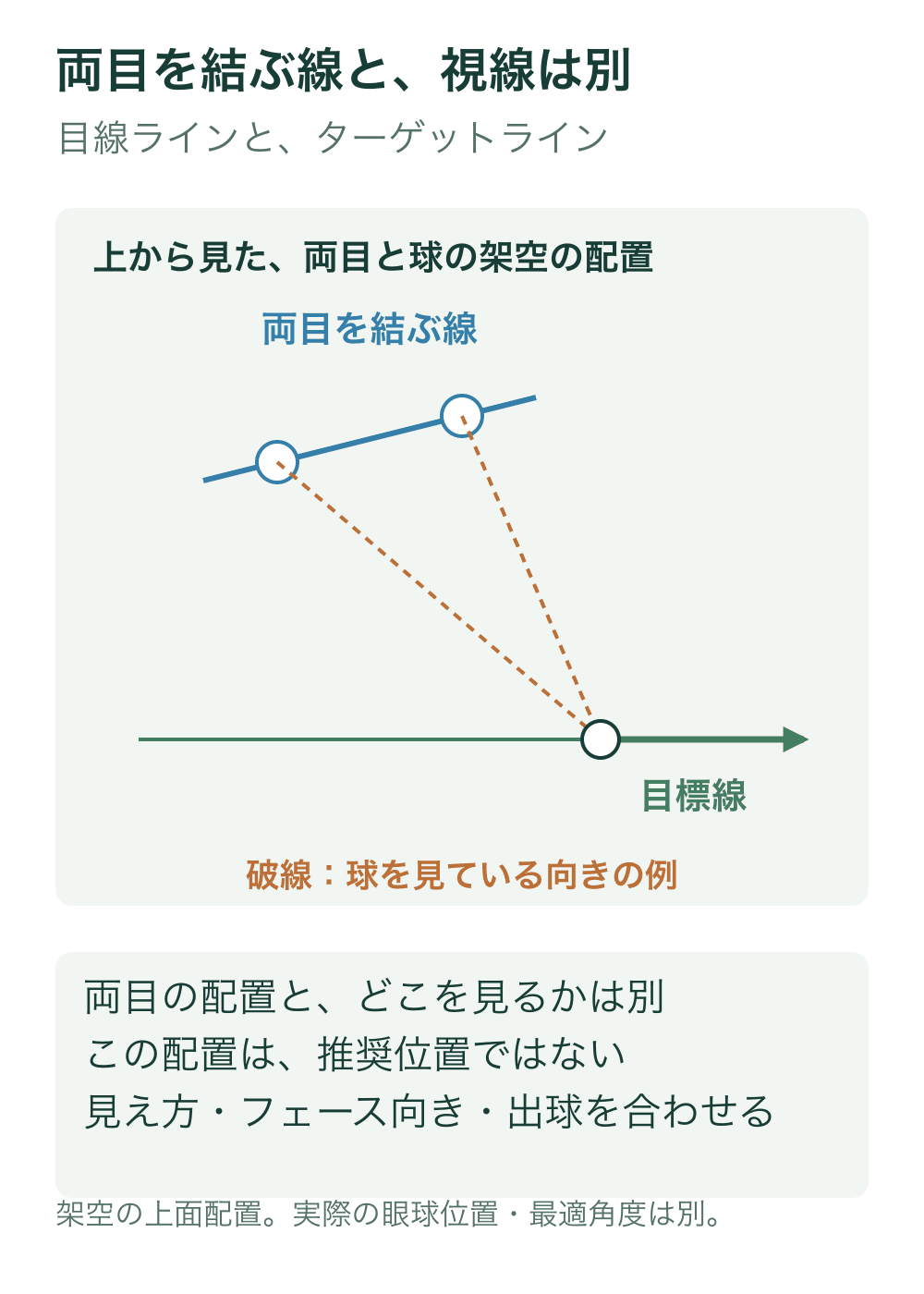 上面の架空配置で左右の目を青い実線で結び、目から球へ向かう視線を橙色破線、球から狙う目標線を緑色で分ける。