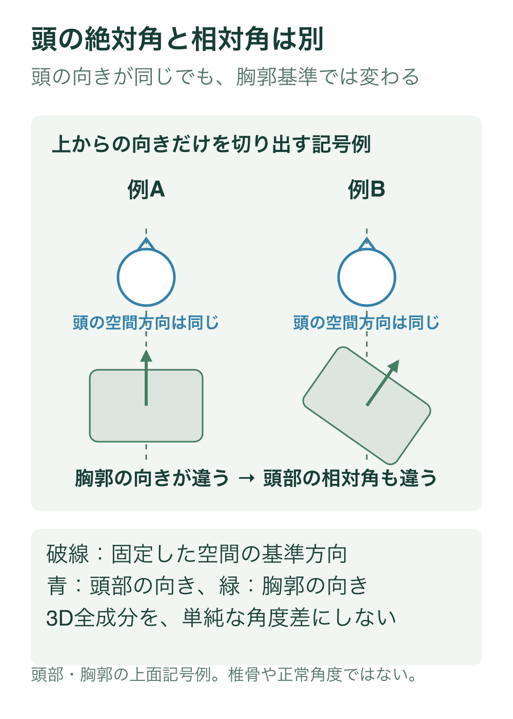 上面の二つの例で頭部の鼻記号を同じ方向に保ち、一方の胸郭記号だけを回旋させる。