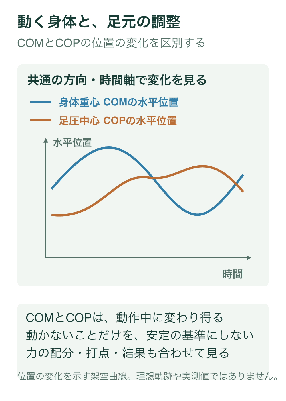 同じ水平座標と時間軸に身体重心COMと足圧中心COPの位置の変化を二本の架空曲線で示す。高さは水平位置であり、身体上の鉛直高さではない。