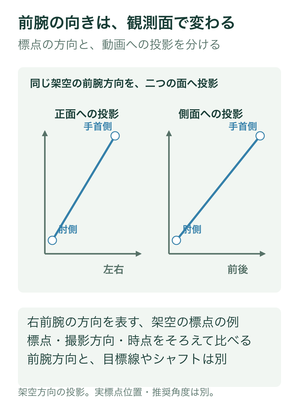 同じ架空の右前腕の方向について、正面と側面への投影を二つの座標面で示す。二つの標点は肘側と手首側で高さ差を同じにする。