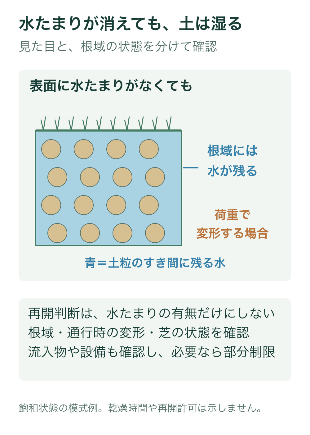 地表には立ち水がない芝断面で、土粒のすき間を満たす水を青で示す。根域には水が残り荷重で変形する場合があることを説明する。