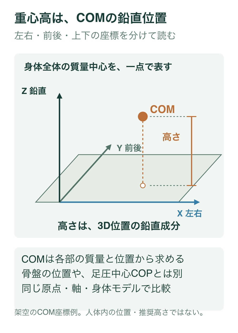 地面上に左右Xと前後Y、鉛直Zの座標例を置き、空間中のCOM点から地面までの高さを寸法線で示す。