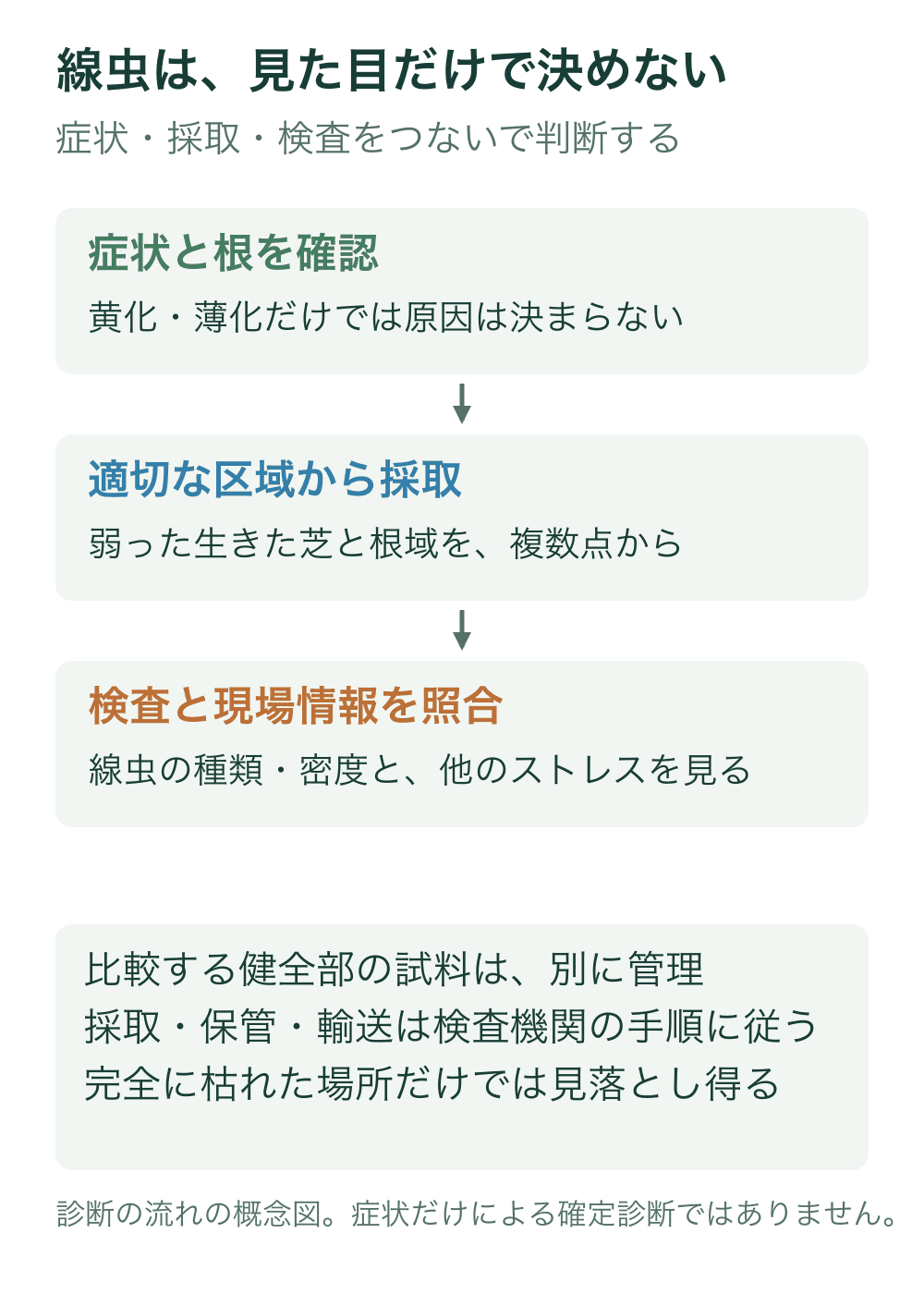 芝と根の症状確認、弱っているが生きた区域の複数点採取、検査による種類と密度と現場情報の照合を順に示す。