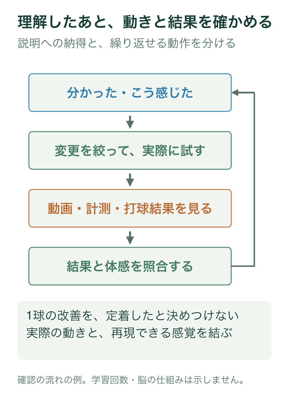 理解や体感、実際に試す、動画・計測・打球結果の確認、結果と体感の照合、再試行というループを描く。脳内の学習機構や一定の必要試行数を示すものではない。