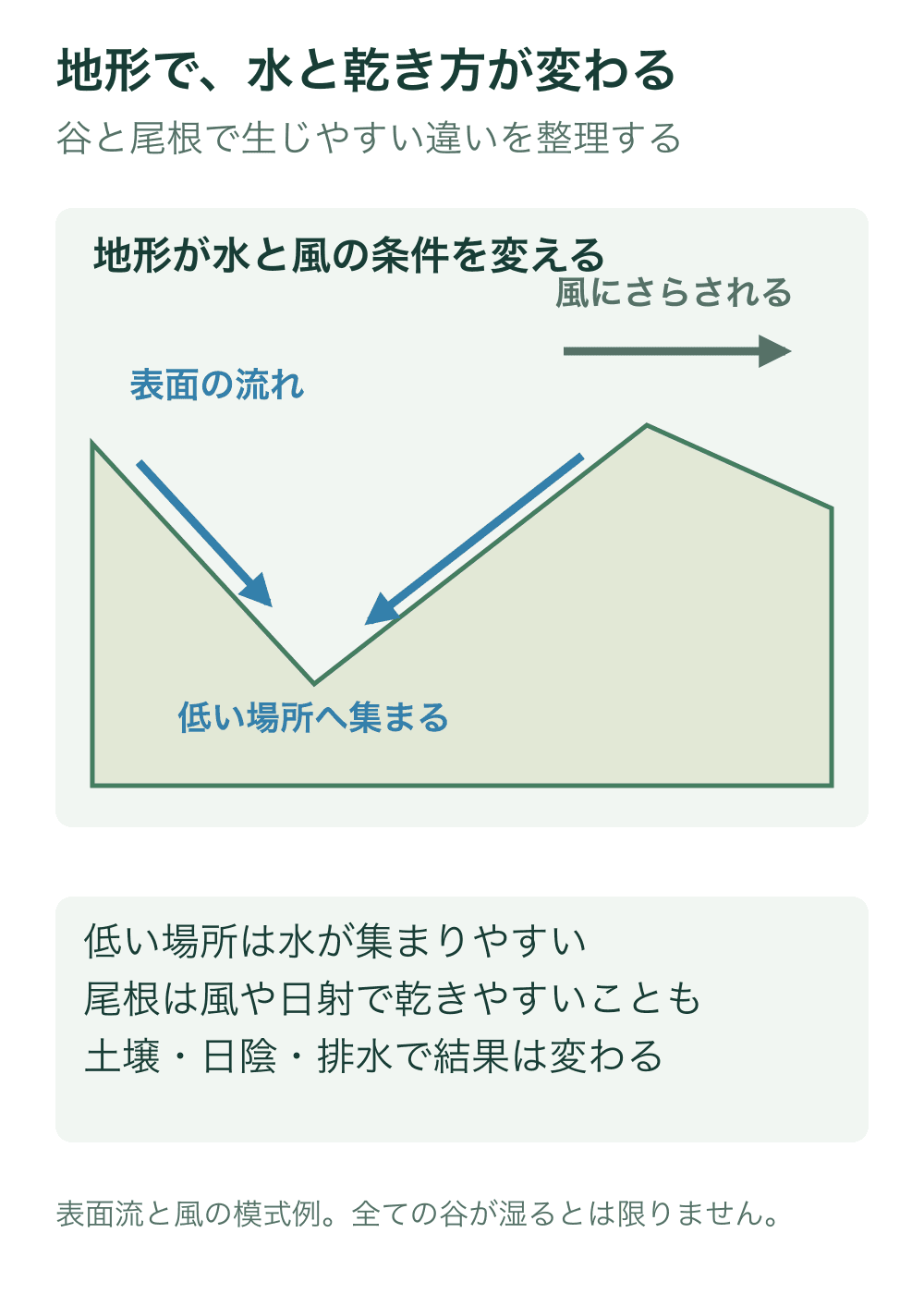 左右の斜面から谷へ下る表面水の矢印と、尾根上を通る風の矢印を示す。地下水位や土壌含水率は示さない。