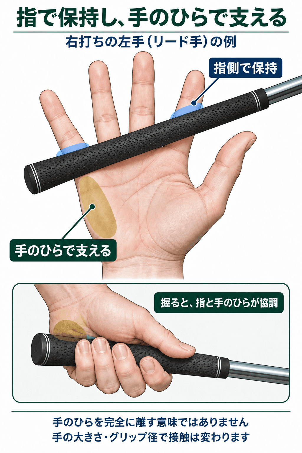 開いた左手で、グリップが小指の付け根から人差し指の中央付近へ通る位置と、小指側の手のひらの支えを示す。