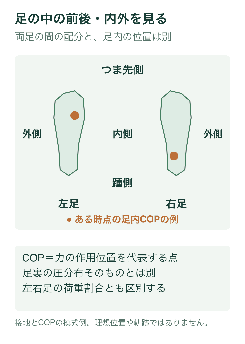 上から見た左右の足の簡略接地区域で、つま先側と踵側、内側と外側を示し、ある時点の左足内・右足内COPを橙色の点で示す。