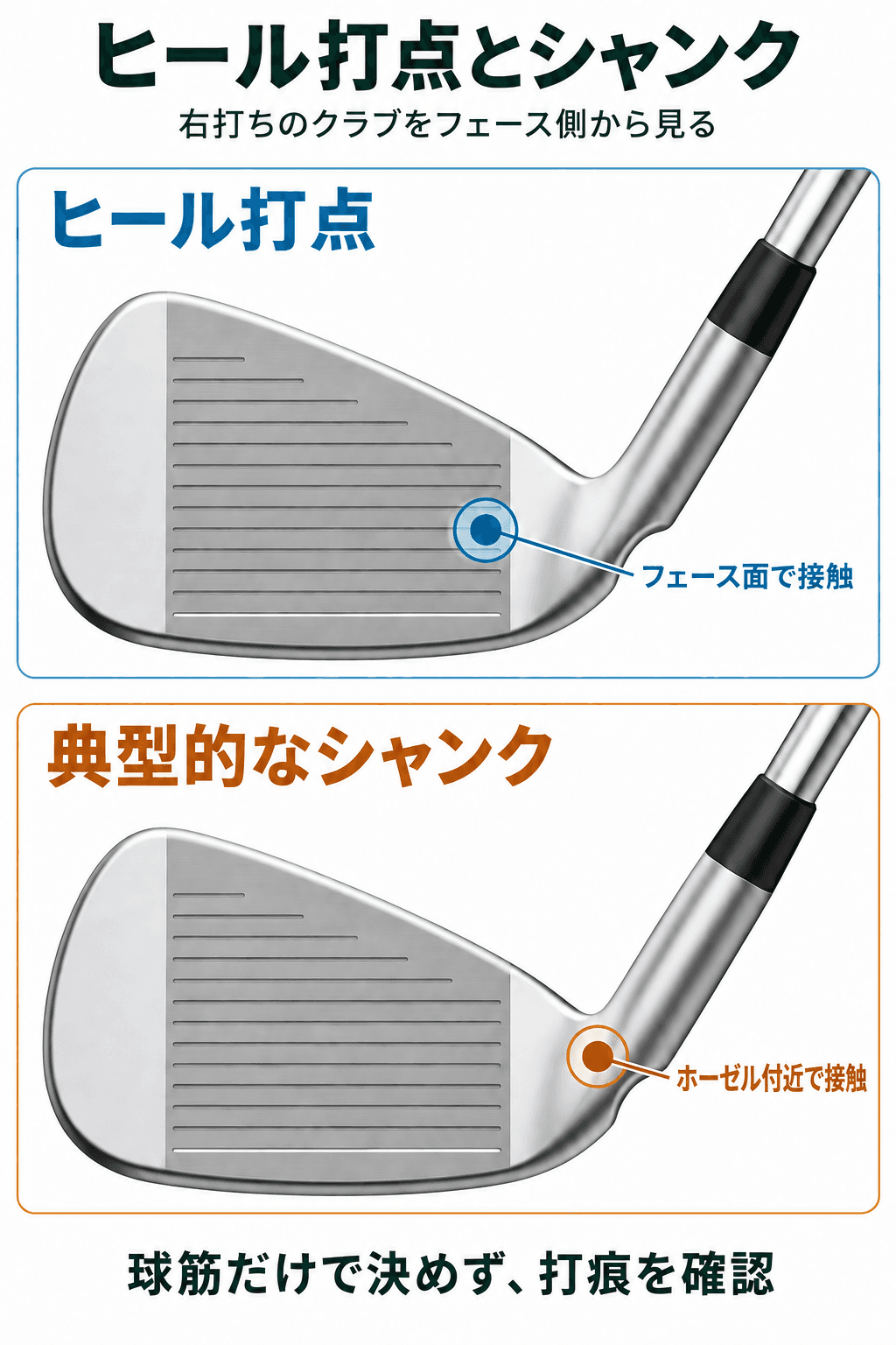 同じ右打ちアイアンをフェース側から見た2図。上の青い点はフェース内のヒール寄り、下の橙色の点はさらにネック側の丸いホーゼル付近にある。