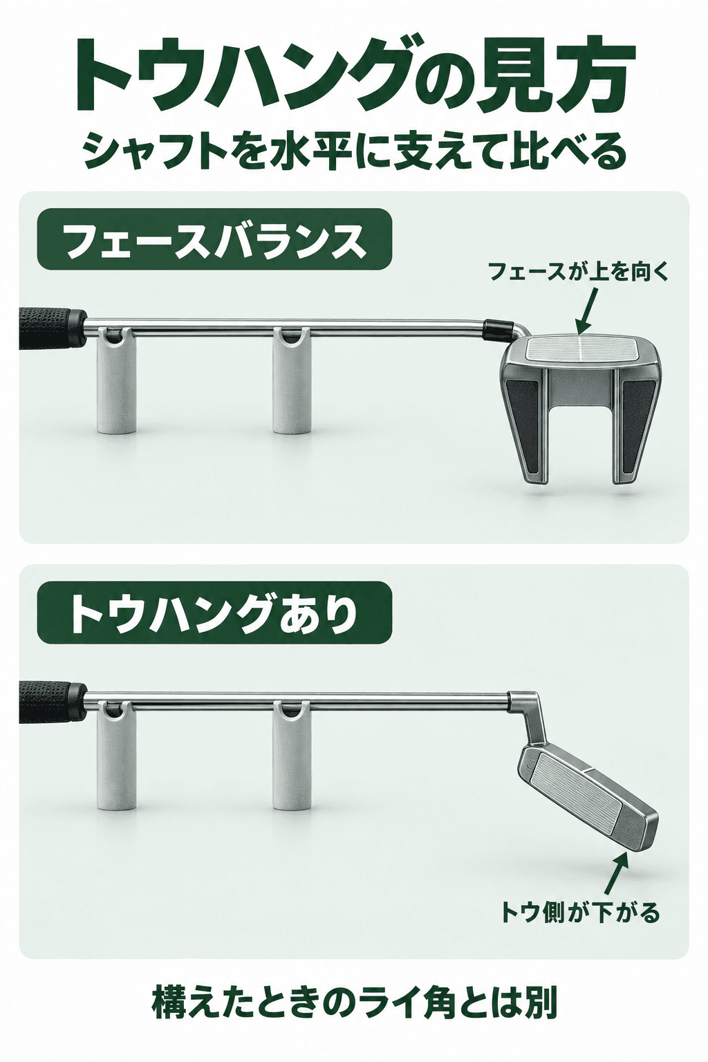 上下ともシャフトを水平な2つの受けで支え、ヘッドを浮かせている。上はフェースが上向き、下はヒールから遠いトウ側が斜め下へ垂れている。