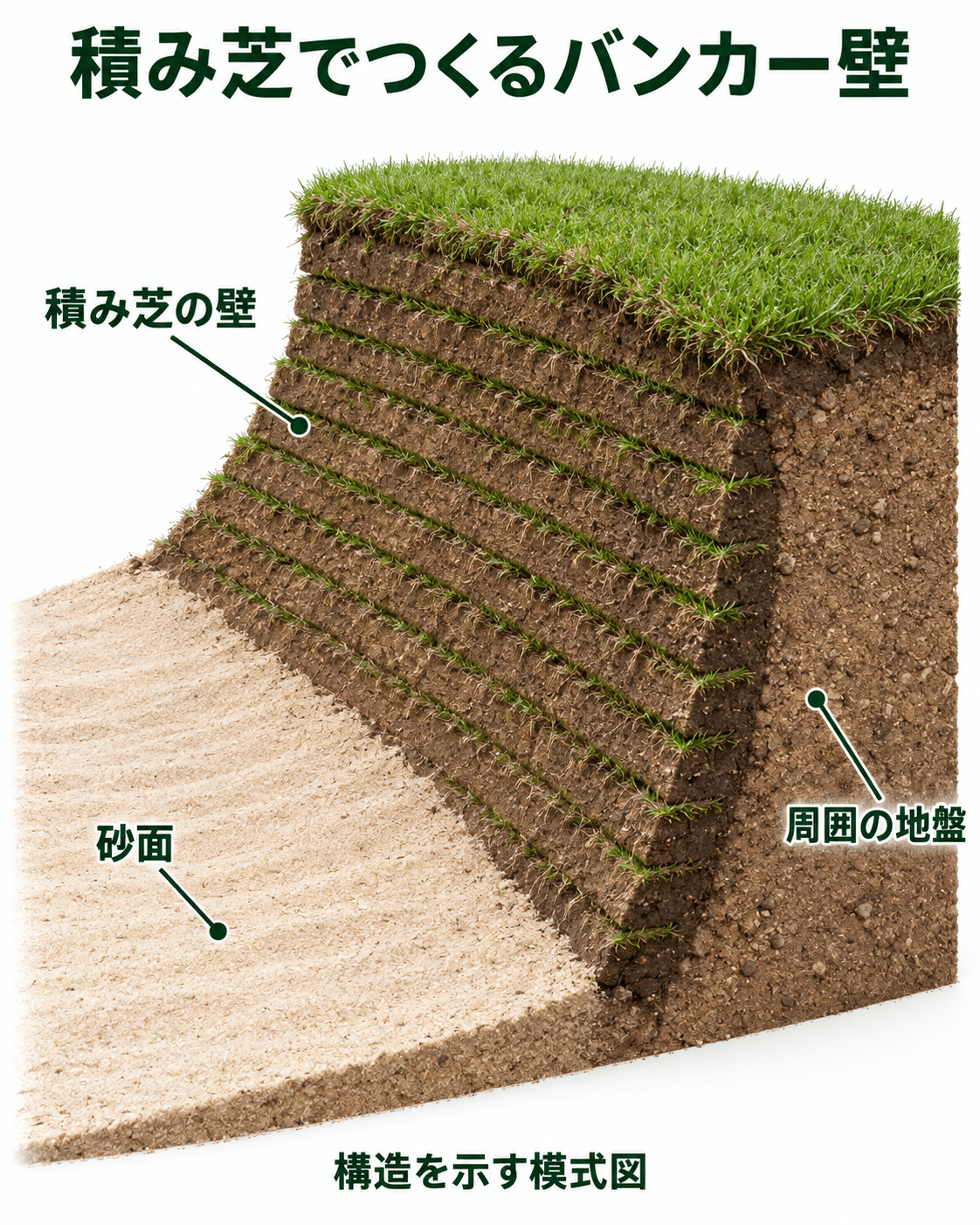 薄い積み芝が何段も水平に重なり、上へいくほど地盤側へ少し後退するバンカー壁。左下の砂面から右上の芝地への段差と、壁裏の地盤を切断面で示している。
