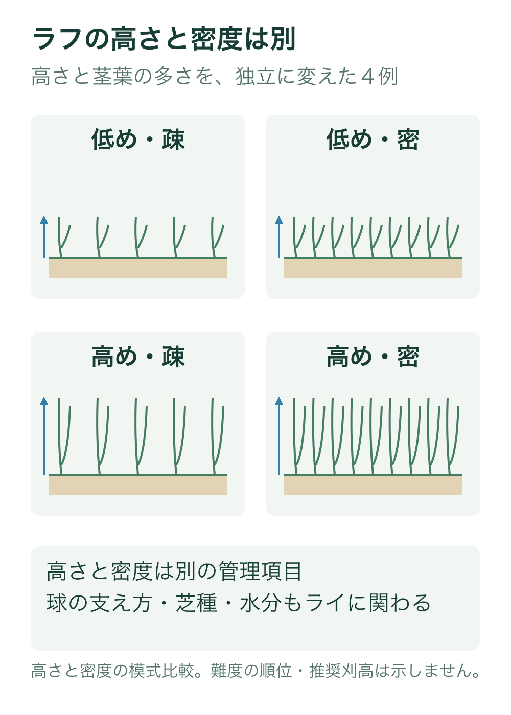 低めで疎、低めで密、高めで疎、高めで密の四つの芝断面を並べる。各比較で高さと描いた茎葉の数を独立に変え、難度や球の沈み量の順位は設定しない。