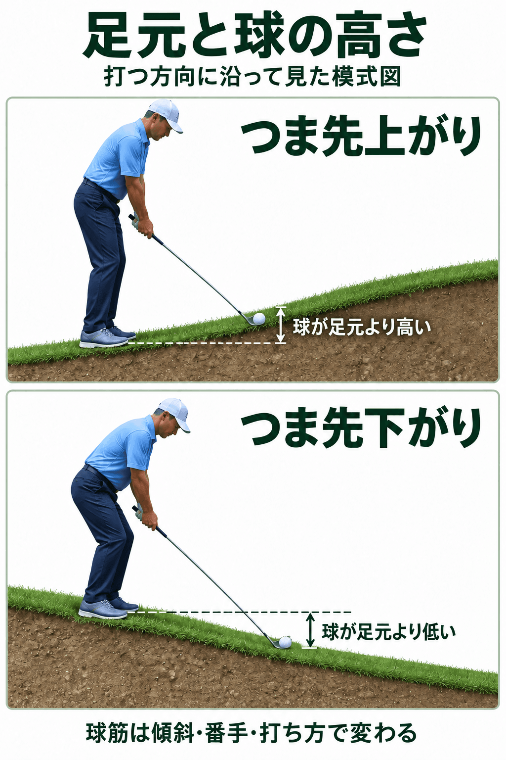 つま先上がりは足元より球を支える地面が高く、つま先下がりは低い。同じ視点の上下図で、水平基準に対する高さを比較している。