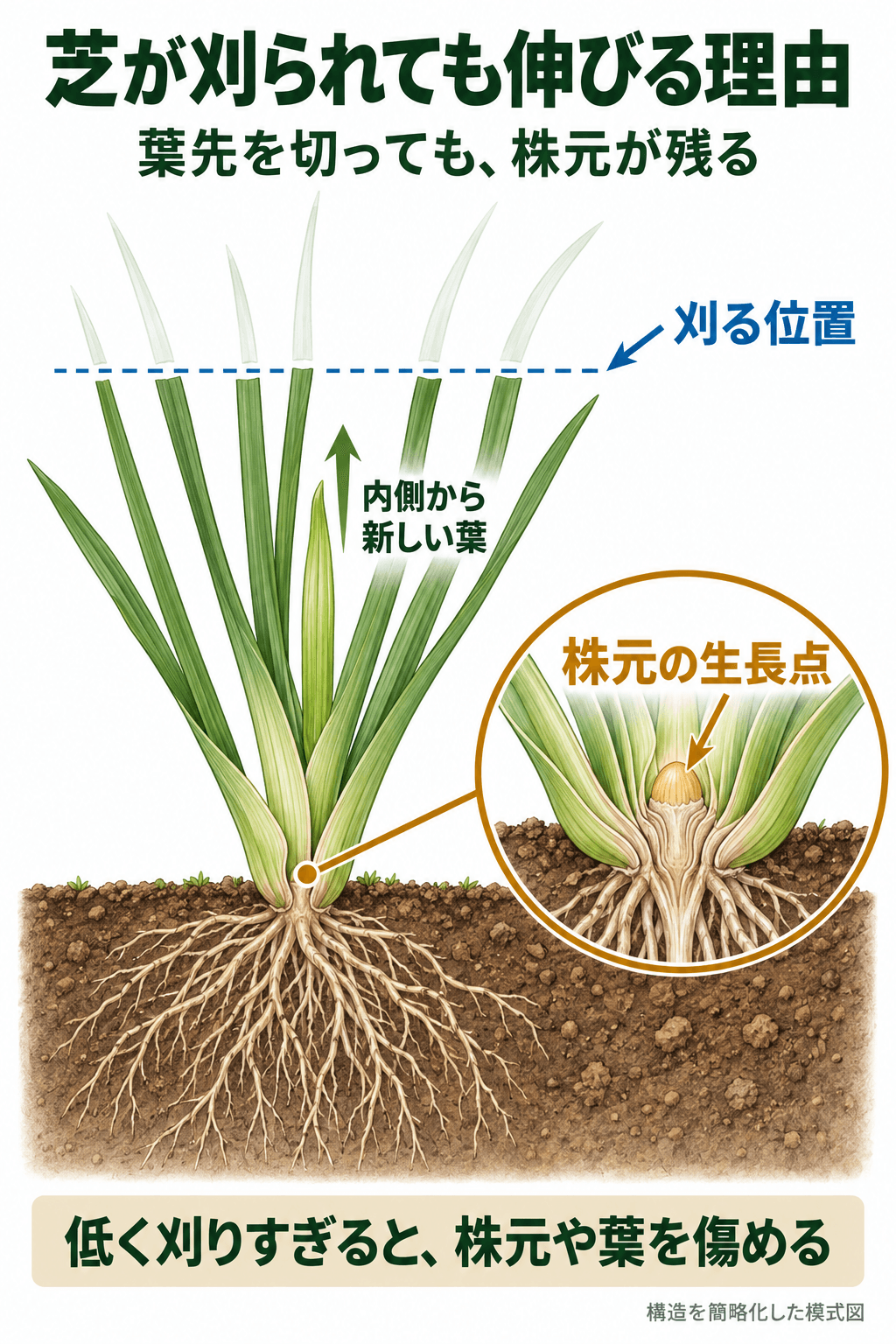 葉の上部を横切る刈る位置と、その下に残る株元を示す芝の断面。内側から出る若い葉に上向き矢印、株元の生長点を囲まれた葉の内側の小さな茎頂として拡大表示。