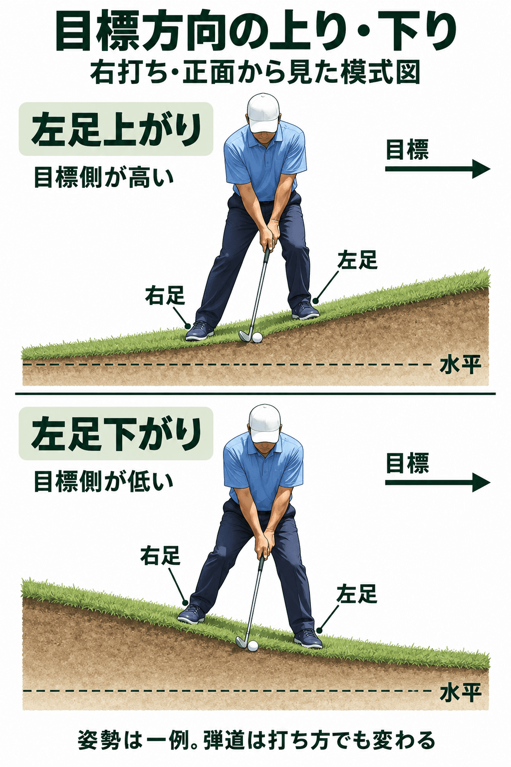 右打ちの左足は画面右の目標側。左足上がりでは右側の地面と左足が高く、左足下がりでは低い。水平線を共通基準として地面の傾きを比べている。