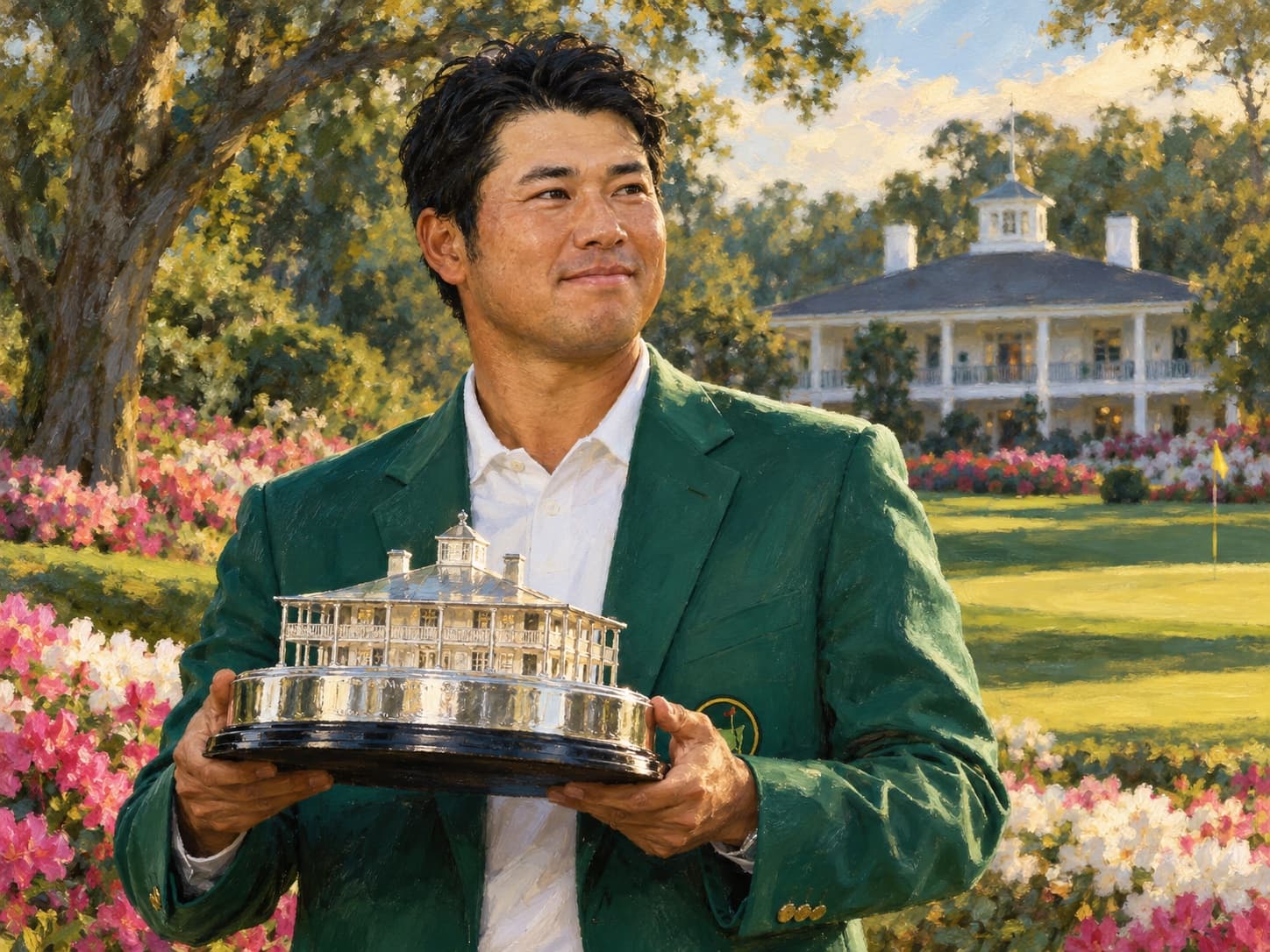 グリーンジャケットを着た松山英樹がトロフィーを手にする、2021年マスターズ優勝を記念したイメージ画