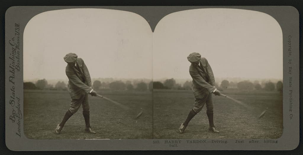 1913年のドライバーショット。ハリー・バードンが打った直後を写した当時の記録写真を、この時代のアイコンに選んだ。個別のメーカーやモデルは特定していない。