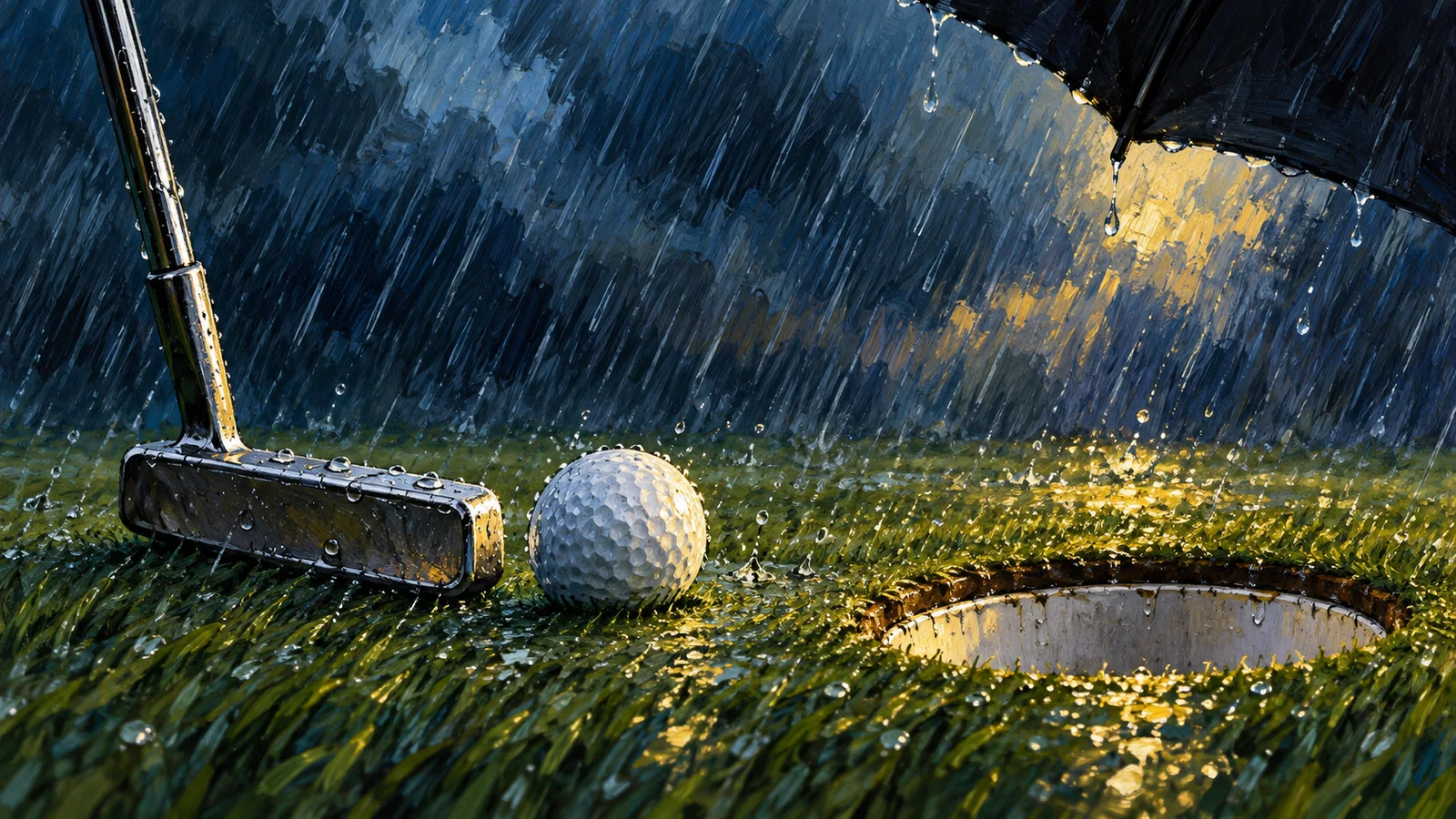雨と風を受けるグリーン上のボール、パター、傘を描いた最終日の概念イラスト。