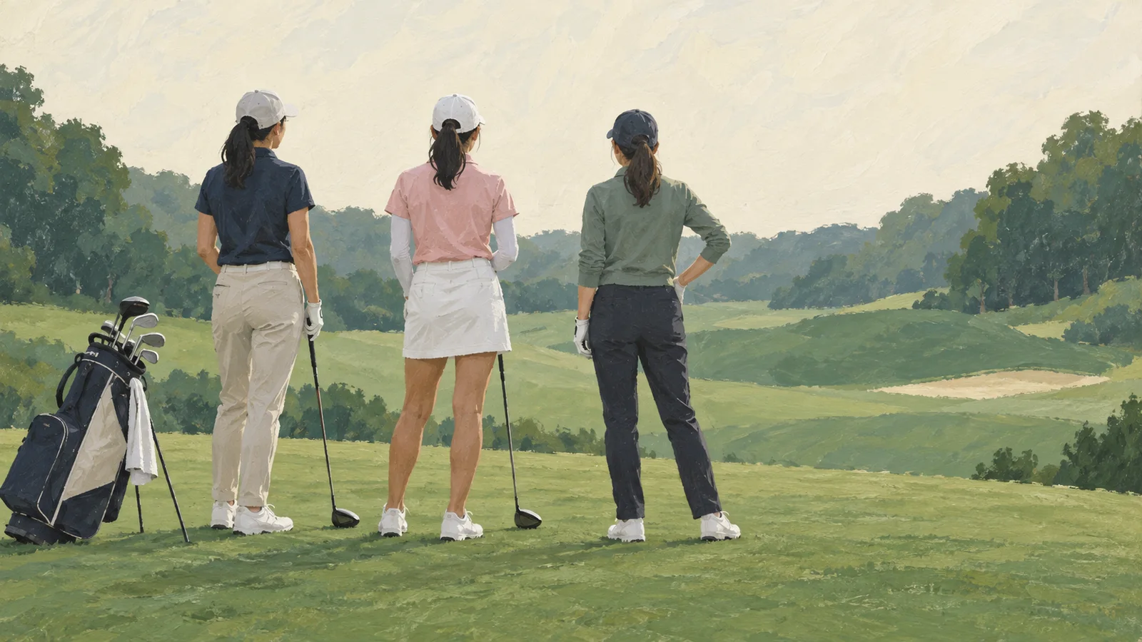 予選で同組となった女子ゴルファー3人を匿名の後ろ姿で表した概念イラスト