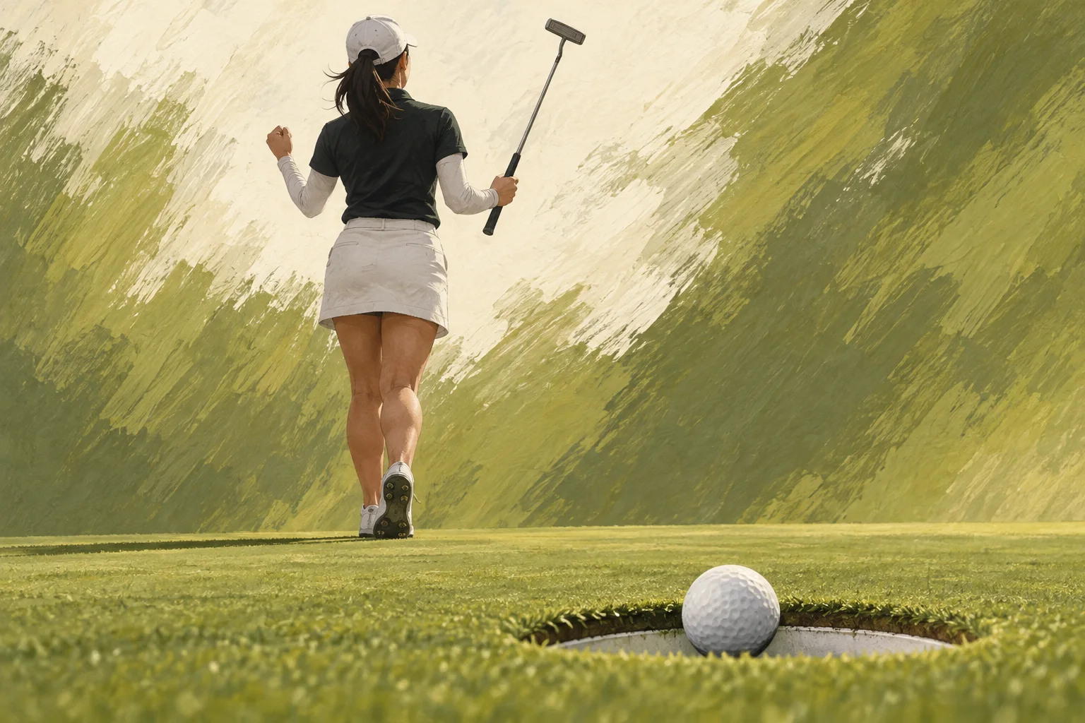 女性ゴルファーがカップ際のボールを見て控えめに喜ぶ概念イラスト。