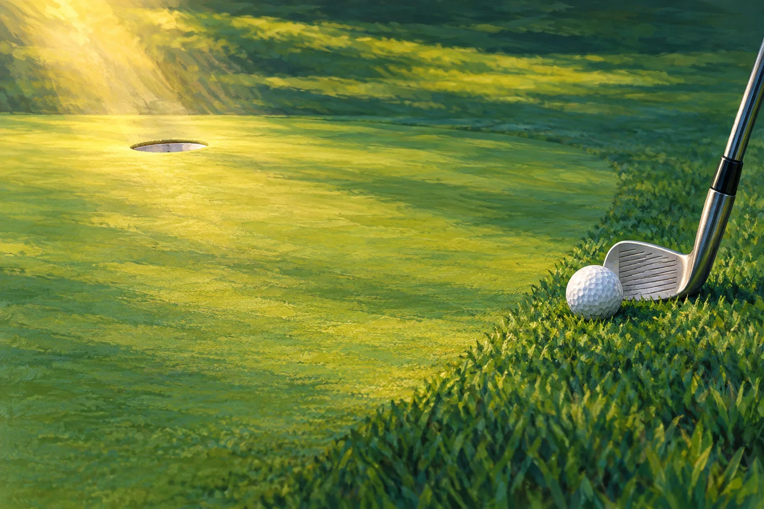グリーン右のラフにあるボールと、遠くのカップを狙うウェッジの概念イラスト