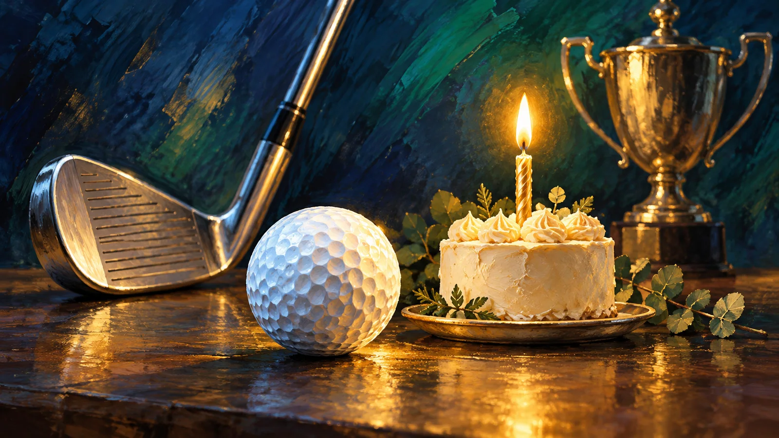 ゴルフクラブとボール、ろうそくを立てたケーキ、トロフィーを机上に配した誕生日優勝の概念イラスト。