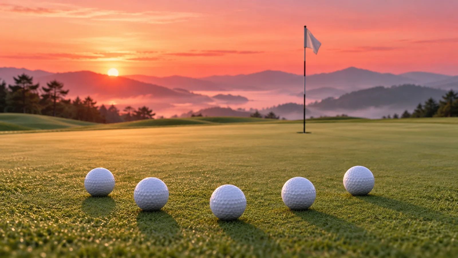 5人の優勝者を象徴する五つのゴルフボールとグリーンのイメージ