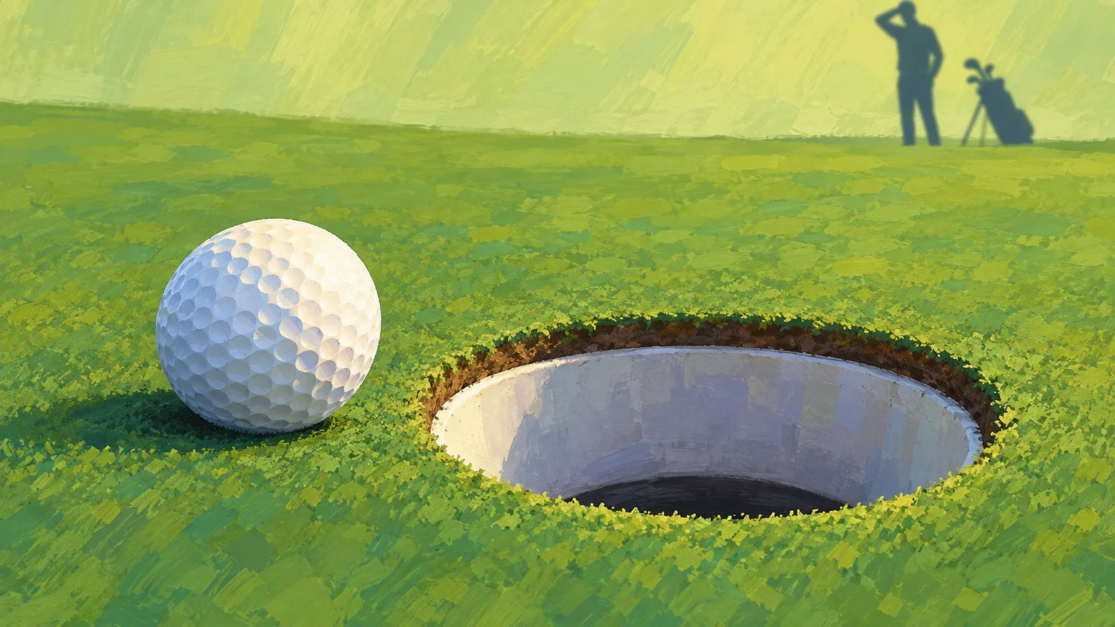 ゴルフカップのわずか手前に止まった球と、遠くに立つ匿名の選手を描いた概念イラスト