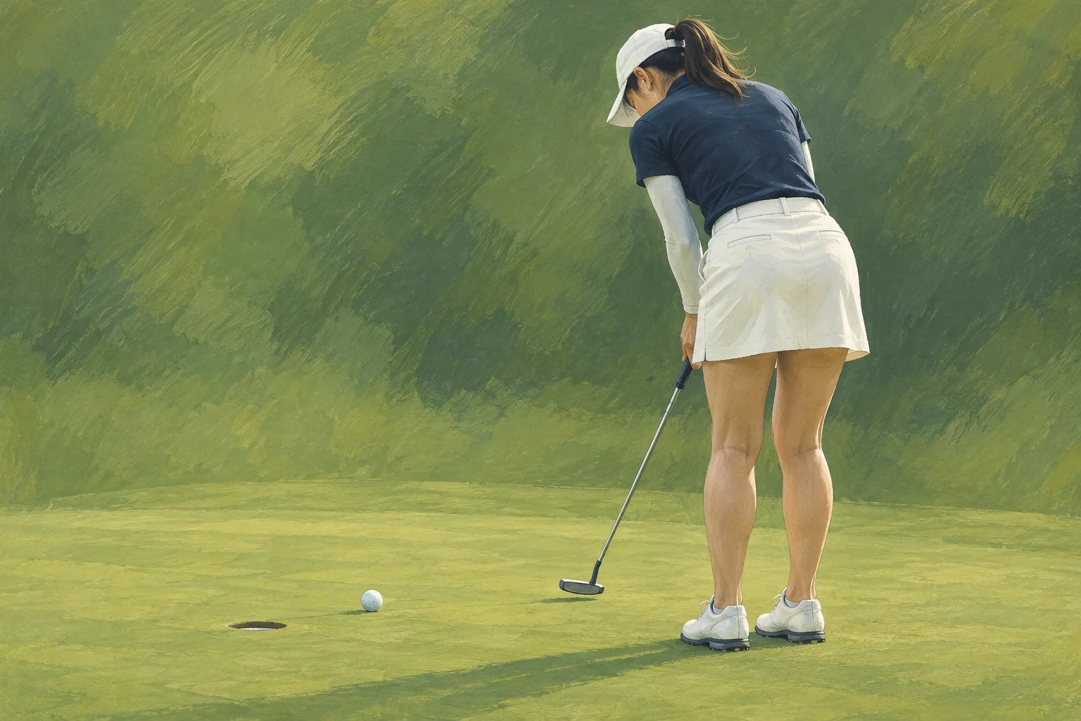 女性ゴルファーがグリーンでパットし、球がカップへ向かう概念イラスト。
